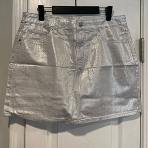 NWT Old Navy Size 12 Silver Shine Metallic Zip Stretch Denim A Line Mini Skirt